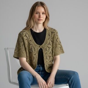 R&K Vintage Knit Olive Green Crochet Cardigan